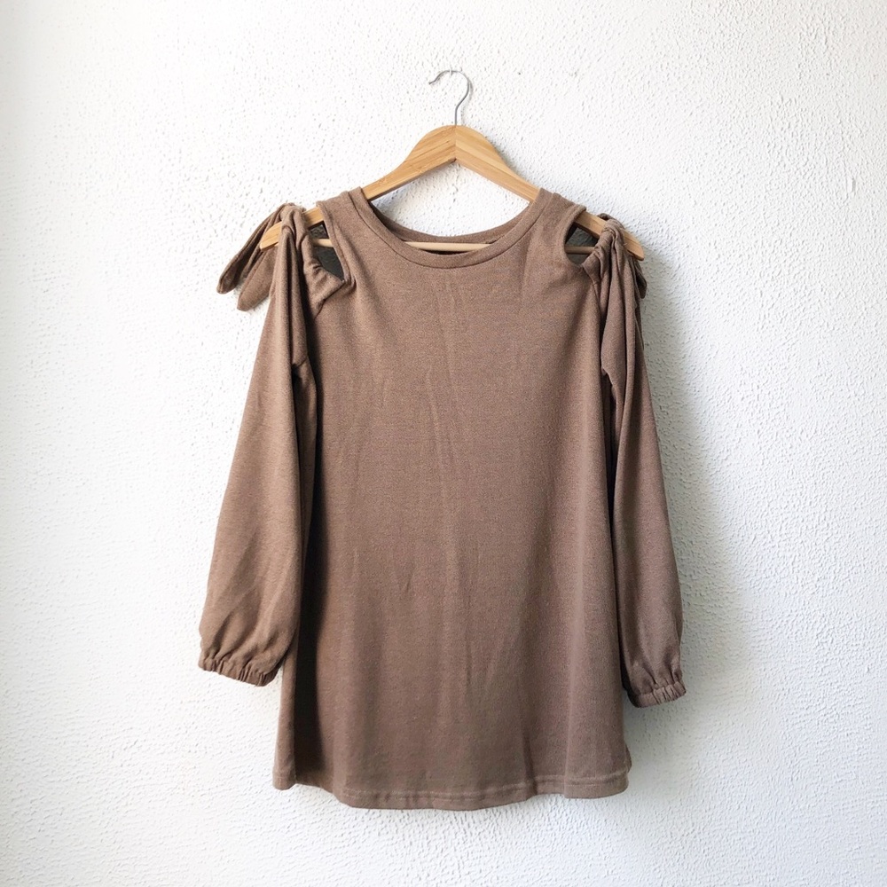 Tan Tie Cold Shoulder 3/4 Length Sleeve Top